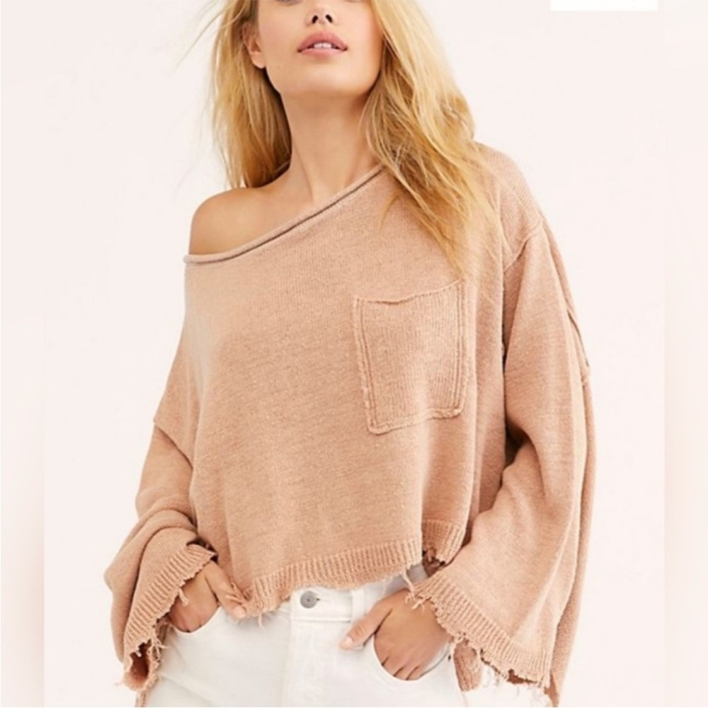 Free People Prism Fringe Hem Sweater Peach/Cream Size Small